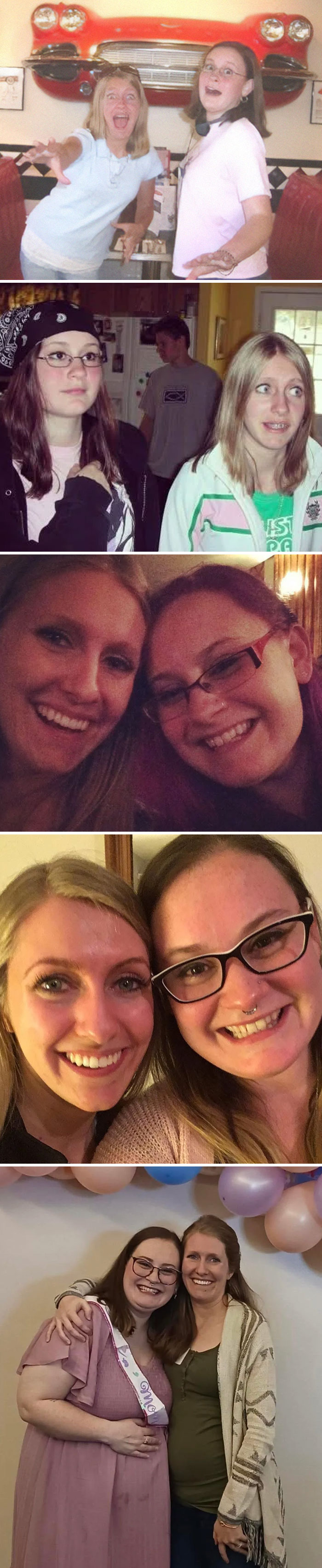 Collage of sweet past and present pictures of two women smiling and posing together years apart.