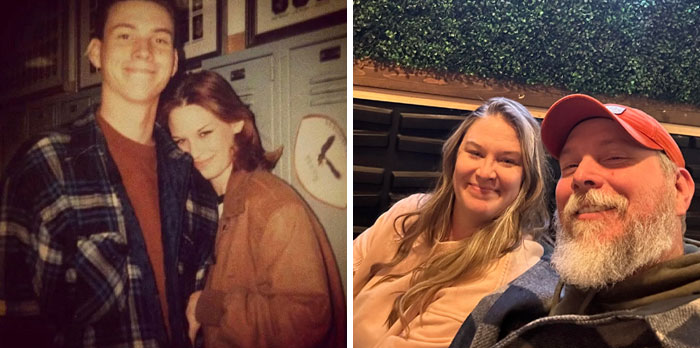 Side-by-side past and present pictures of a couple showing sweet and hilarious moments years apart.