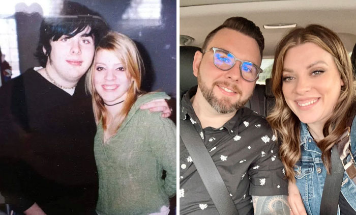 Side-by-side past and present pictures of a couple showing hilarious and sweet moments years apart.