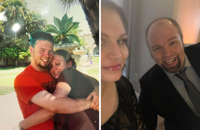 Couple sharing affectionate past and present photos, showcasing sweet and hilarious moments years apart.