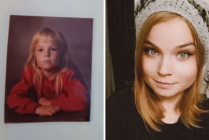 Side-by-side past and present pictures of a woman showcasing hilarious and sweet moments years apart.