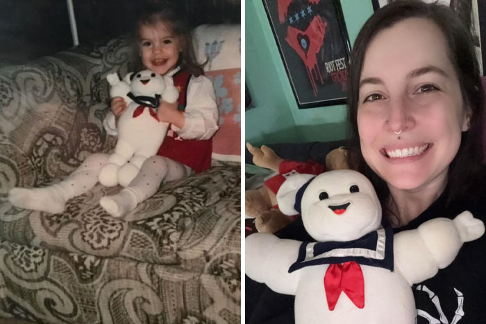 Side-by-side past and present pictures of a woman holding the same stuffed Stay Puft Marshmallow Man toy years apart.