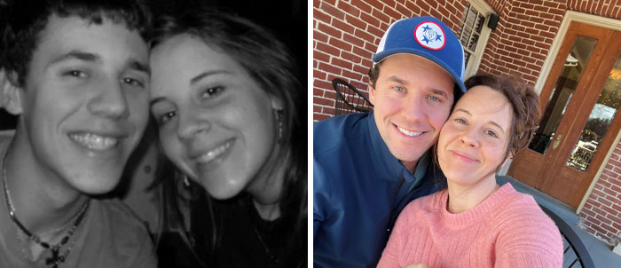 Side-by-side past and present pictures of a smiling couple years apart showing sweet and hilarious moments together