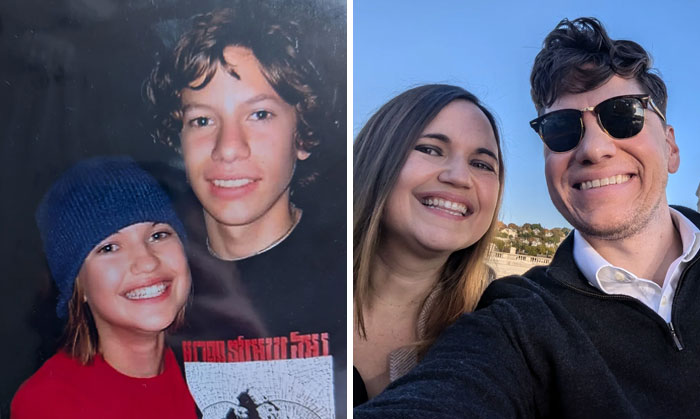 Side-by-side past and present pictures of two people smiling years apart, showing sweet and hilarious moments