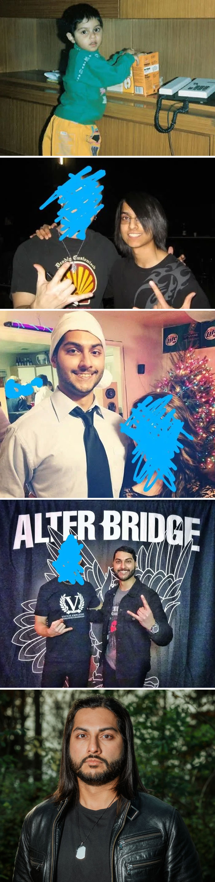 Collage of sweet past-and-present pictures showing a man growing up over the years in different settings and outfits.