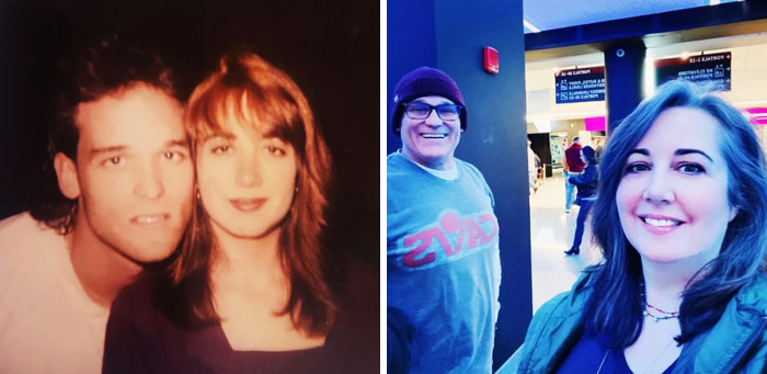 Side-by-side past and present pictures of two people years apart, showing changes and lasting friendship in photos.