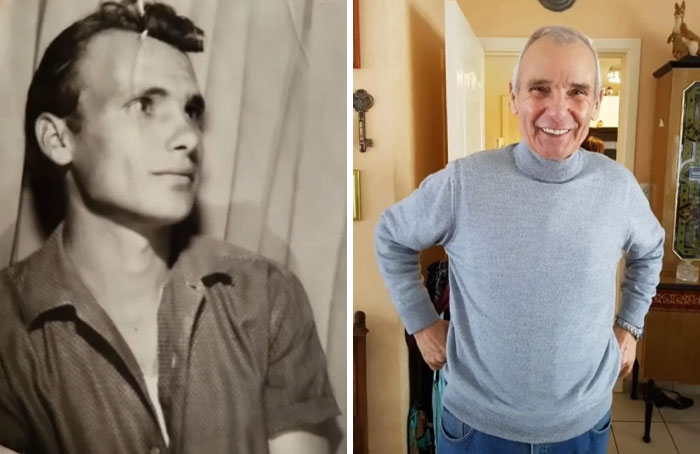 Side-by-side past and present pictures of a man showcasing hilarious and sweet moments years apart.