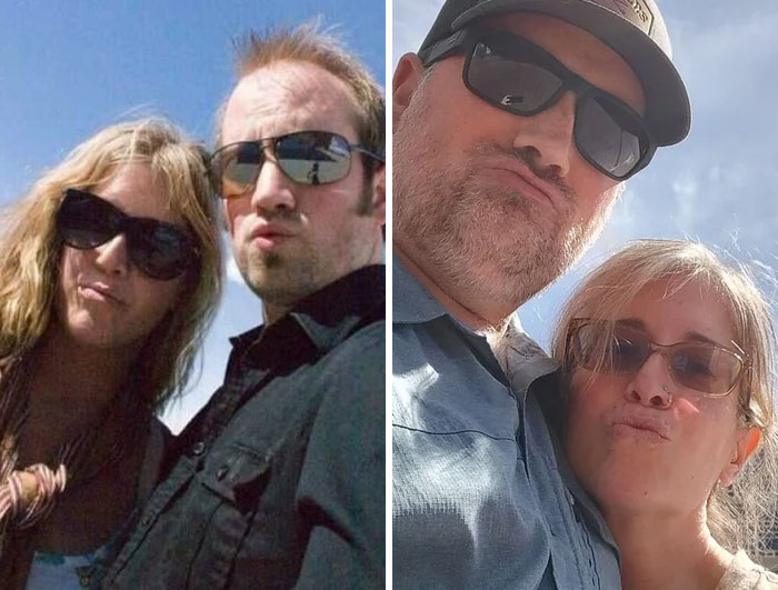 Side-by-side comparison of a couple years apart, wearing sunglasses and making playful faces outdoors.