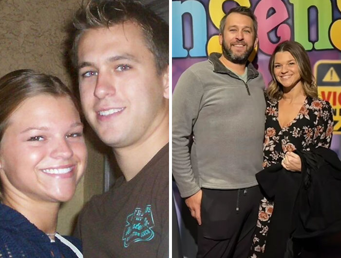 Side-by-side past and present pictures of a smiling couple years apart showing sweet and hilarious changes.
