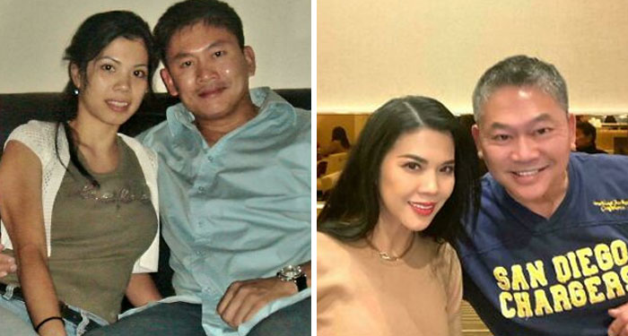 Side-by-side past and present pictures of a couple showcasing sweet and hilarious moments years apart.