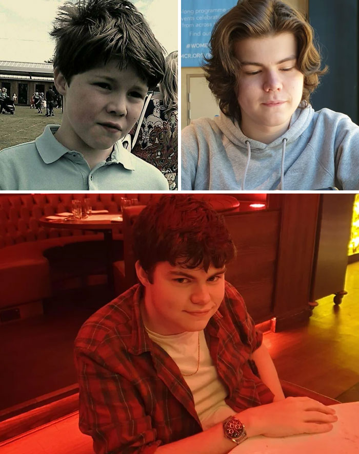 Collage of past and present photos showing a boy growing up over the years in different settings and outfits.