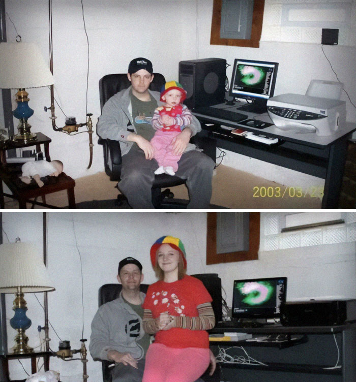 Two past-and-present pictures of people years apart showing a man and a younger person in a colorful hat by a computer.