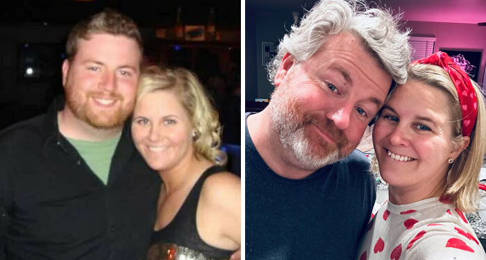 Side-by-side past and present pictures of a couple smiling, showing years apart in hilarious and sweet moments.