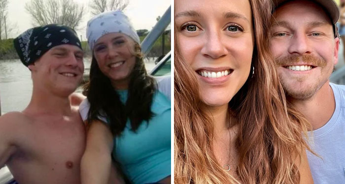 Side-by-side past and present pictures of a couple showing sweet and hilarious moments years apart outdoors.