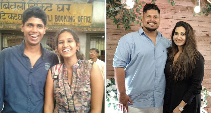 Side-by-side past and present pictures of a smiling couple years apart showcasing sweet and hilarious moments