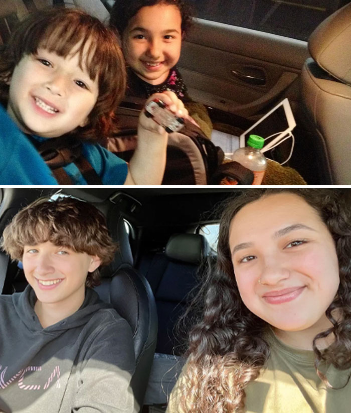 Two pairs of siblings smiling in car seats, showcasing hilarious and sweet past-and-present pictures years apart.