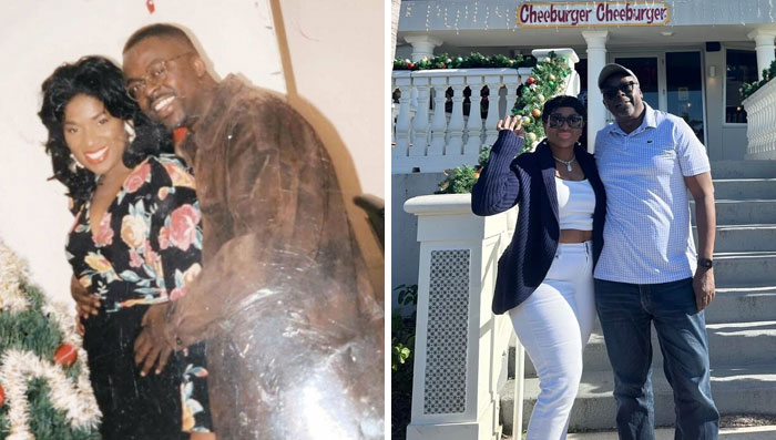 Side-by-side past and present pictures of a couple years apart showing sweet and hilarious moments outdoors and indoors.