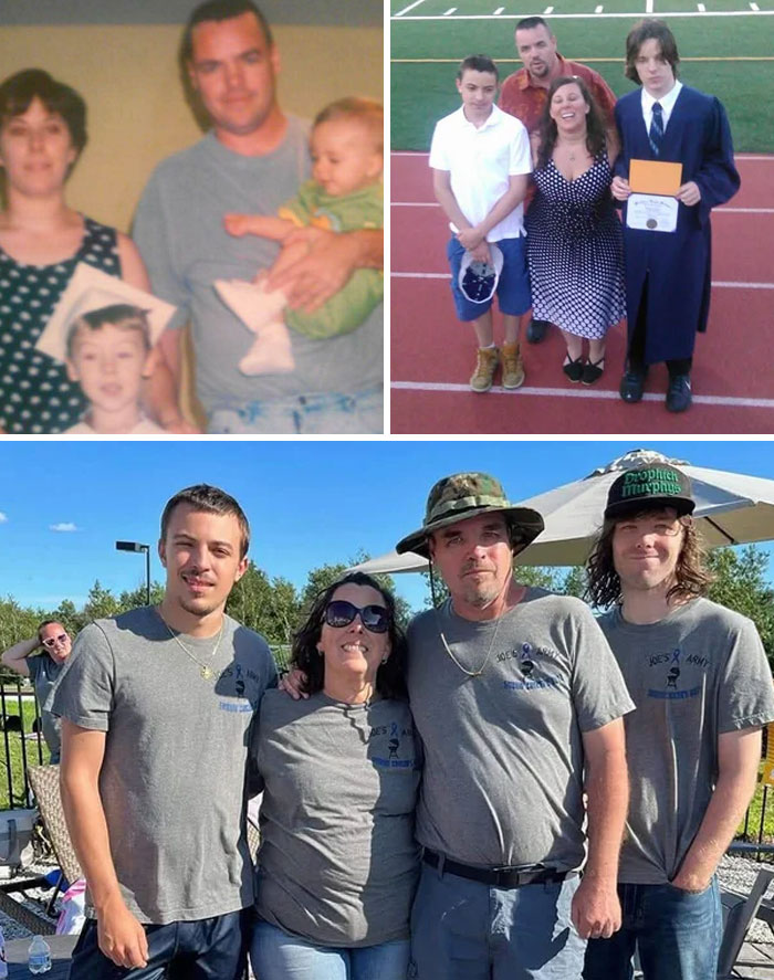 Family showing hilarious and sweet past and present pictures of people years apart in three side-by-side photos.