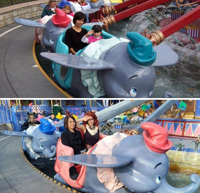 Mother and daughter years apart enjoying Dumbo ride at an amusement park in past and present photos.