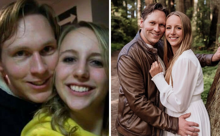 Side-by-side past and present pictures of a smiling couple showing sweet moments years apart.