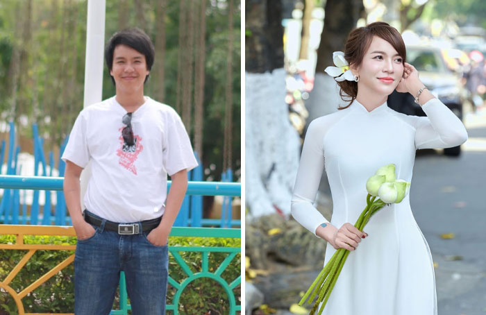 Side-by-side past and present pictures of a man and woman showing hilarious and sweet moments years apart outdoors.