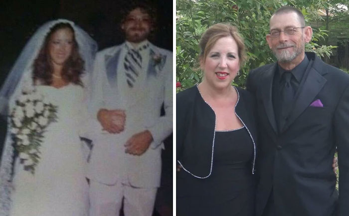 Side-by-side past and present pictures of a couple years apart showing sweet and hilarious moments