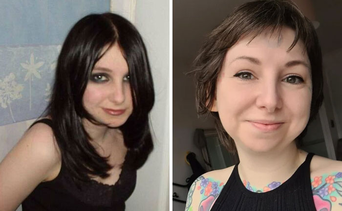 Side-by-side past and present photos of a woman showing changes over years in a sweet and hilarious comparison.