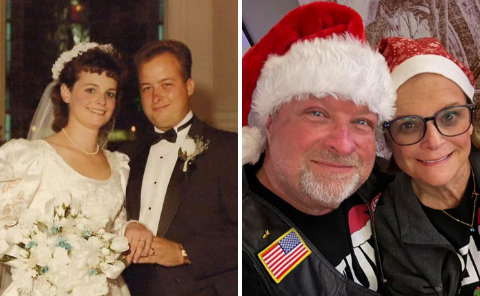 Side-by-side past and present pictures of a couple years apart, showing sweet and hilarious moments together.