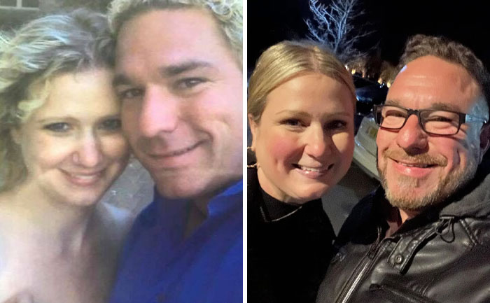 Side-by-side past and present pictures of a smiling couple showing hilarious and sweet moments years apart.