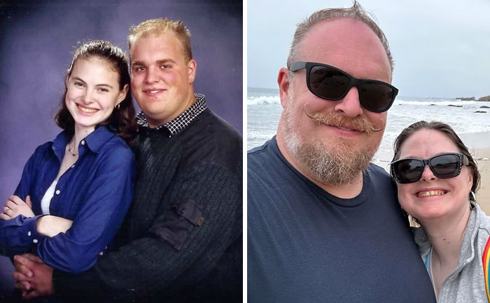 Side-by-side past and present pictures of a couple smiling, showcasing hilarious and sweet pictures years apart.