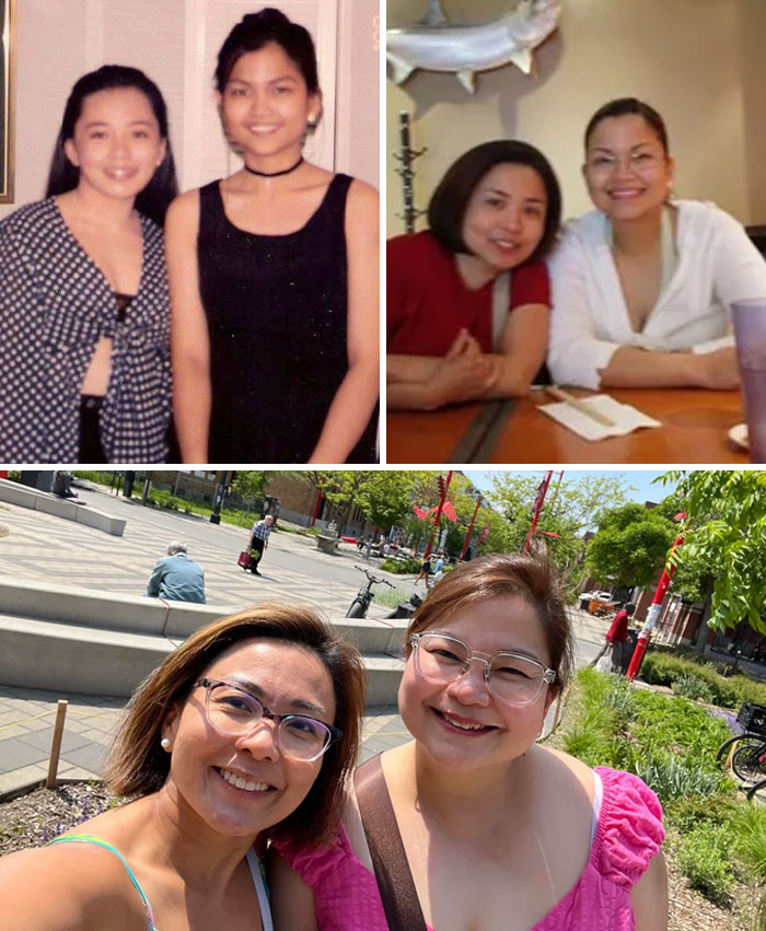 Two women smiling in past and present photos showing hilarious and sweet moments years apart.