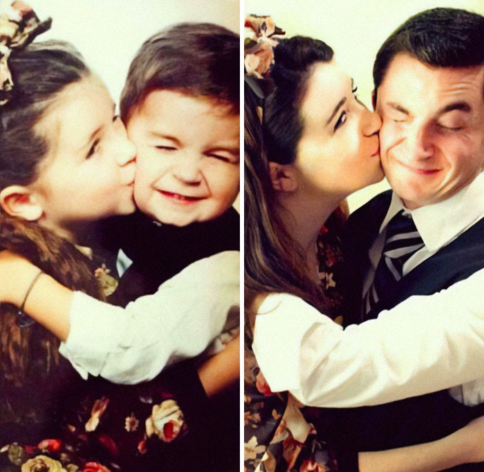 Side-by-side past and present pictures of siblings showing love and closeness years apart in sweet and hilarious moments.