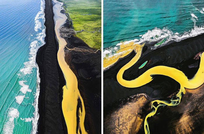 Aerial views of rare natural phenomena showing vibrant yellow rivers flowing beside black sand beaches and turquoise ocean waters.