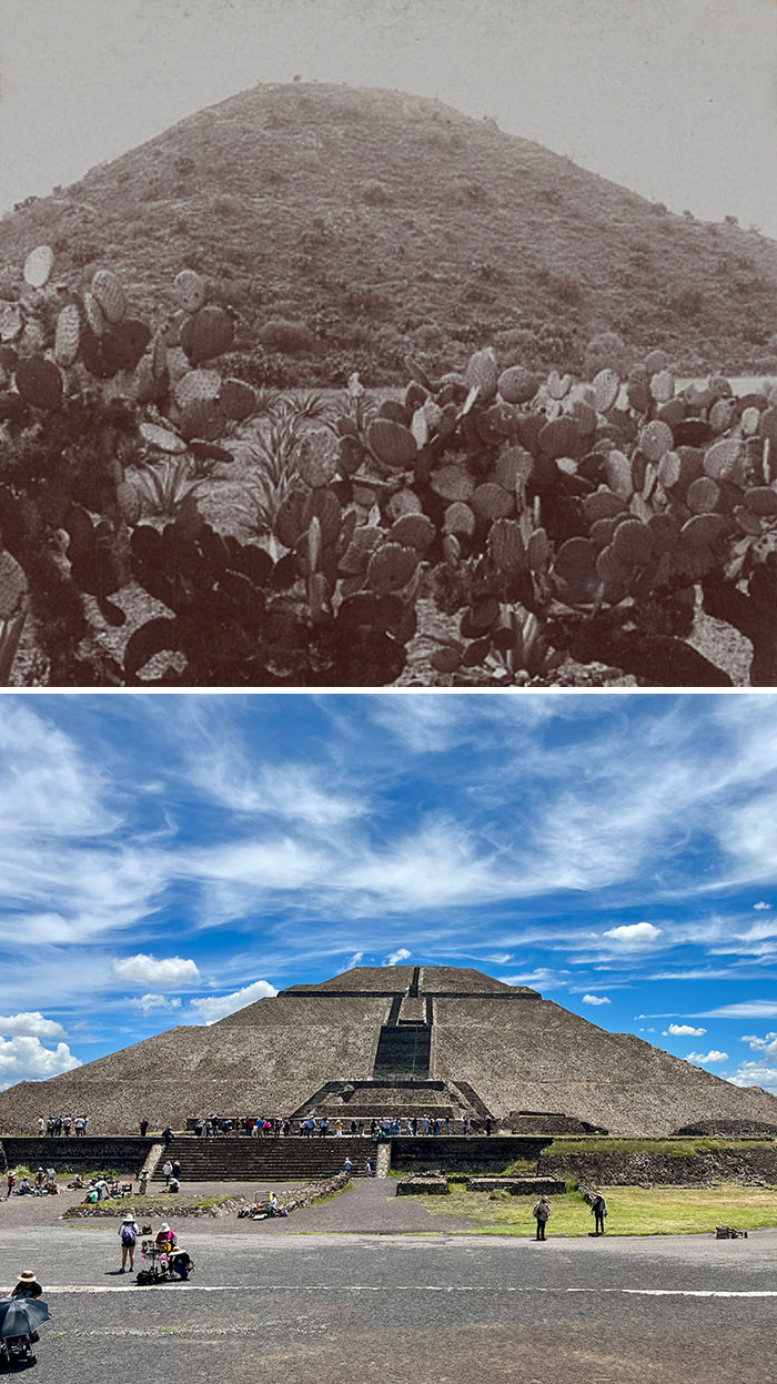 Then and now photos showing how the Teotihuacan pyramid and surroundings have changed over time.