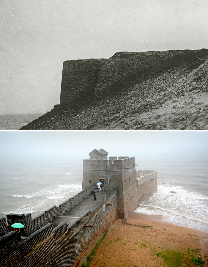 Then and now photos showing the transformation of a coastal fortress and how places have changed over time.