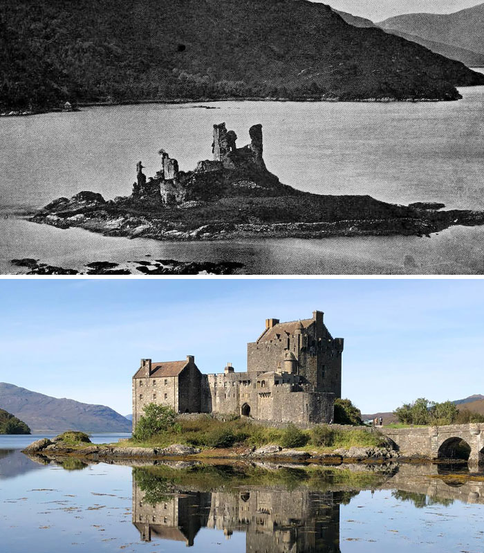 Then and now photos showing how the castle and surrounding landscape have changed over time.