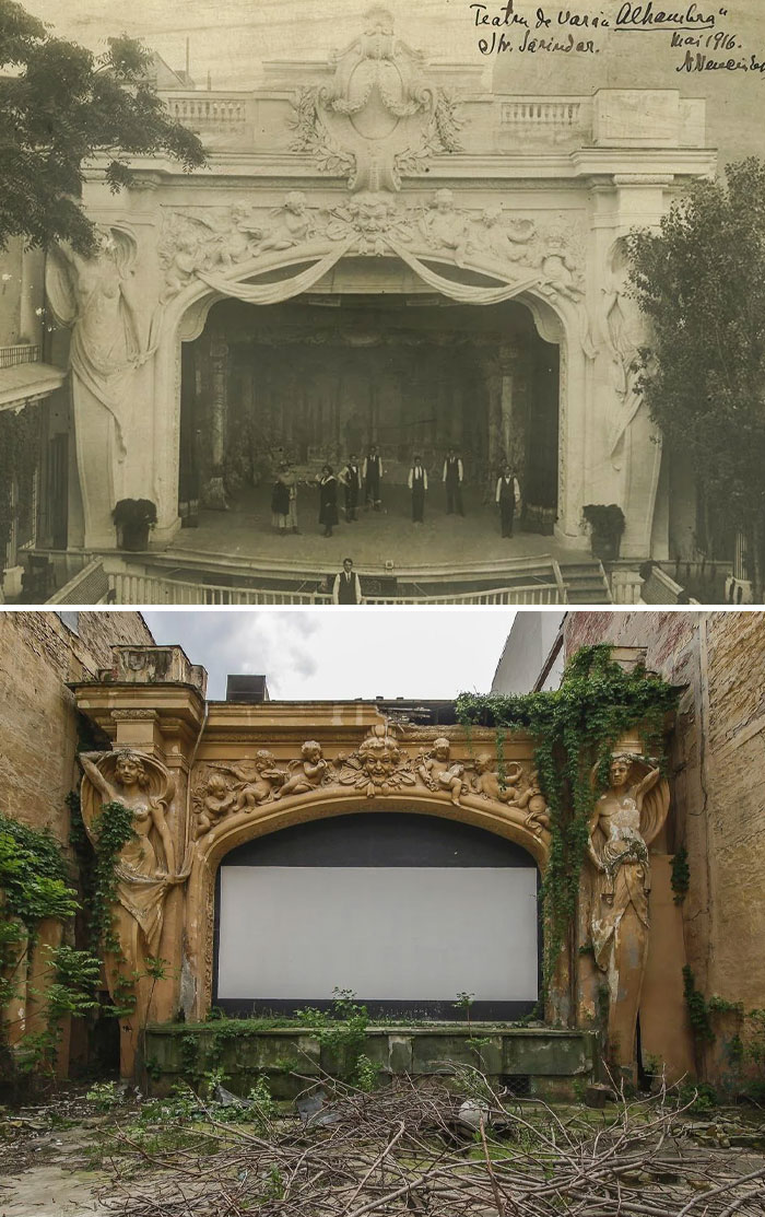 Then and now photos of an ornate outdoor theater showing its original use and current abandoned state over time.