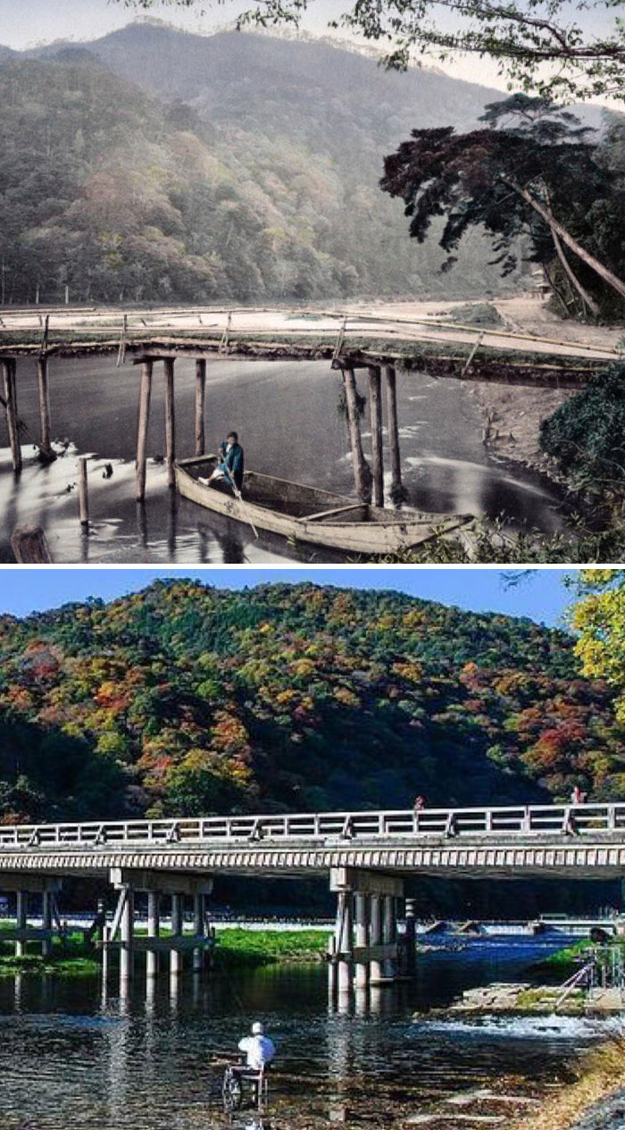 Then and now photos showing a rustic wooden bridge replaced by a modern concrete bridge over a river with surrounding hills.