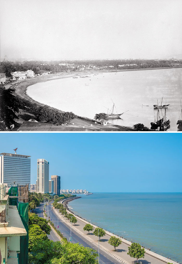 Then and now photos showing the transformation of a coastal city with old boats and modern skyscrapers over time