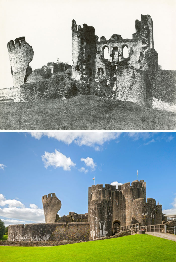 Then and now photos showing how this ancient castle and surrounding area have changed over time with restoration and greenery.