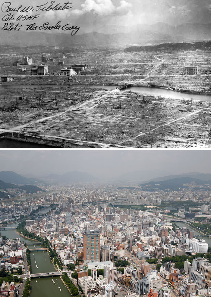 Then and now photos showing dramatic changes in a cityscape from post-war ruins to a modern urban area with buildings and rivers.