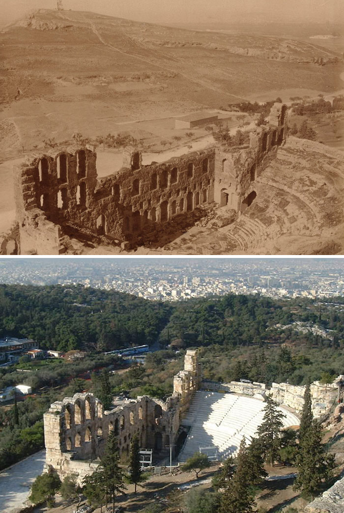 Then and now photos showing the ancient amphitheater and surrounding landscape changes over time.