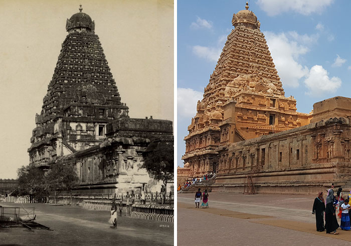 Then and now photos showing how the historic temple has changed over time with restoration and visitors present.