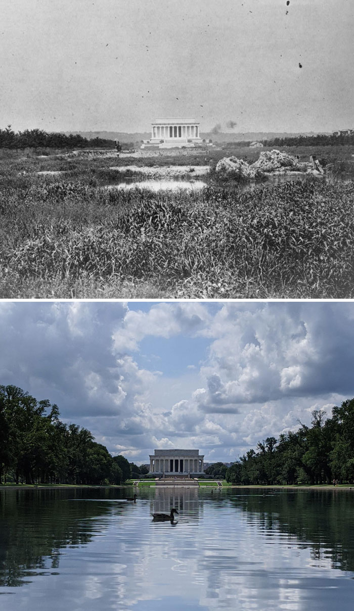 Then and now photos showing the transformation of the Lincoln Memorial and surrounding reflecting pool over time.