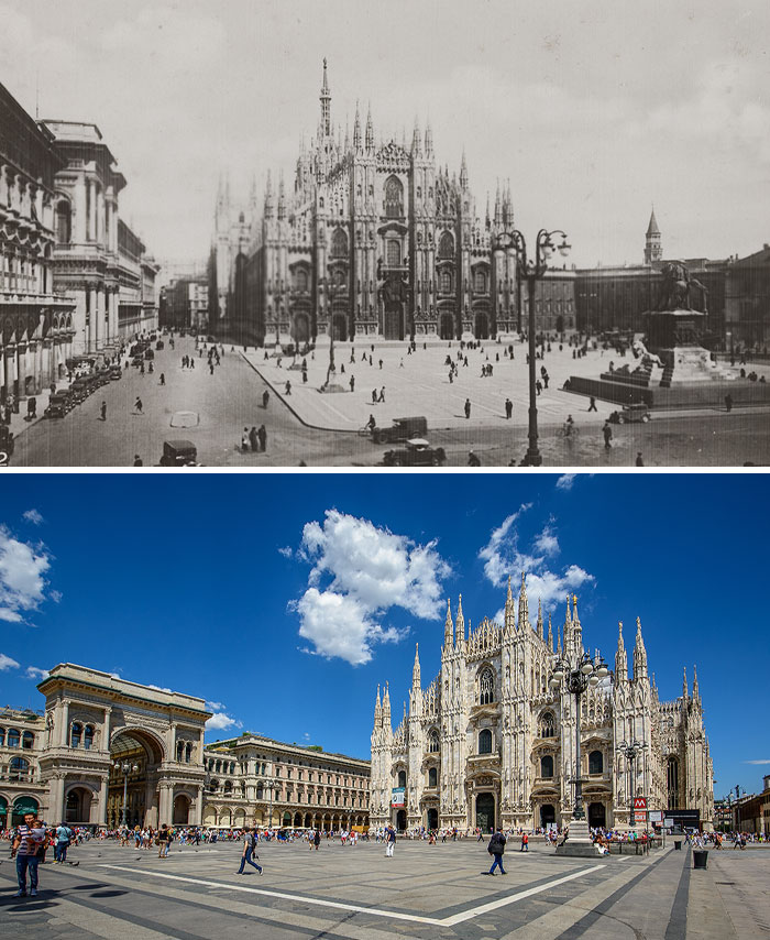 Then and now photos showing the historic cathedral and surrounding plaza with architectural changes over time.