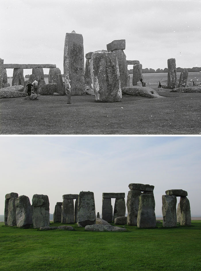 Stonehenge in then and now photos showing how places have changed over time with visitors and clearer preservation.
