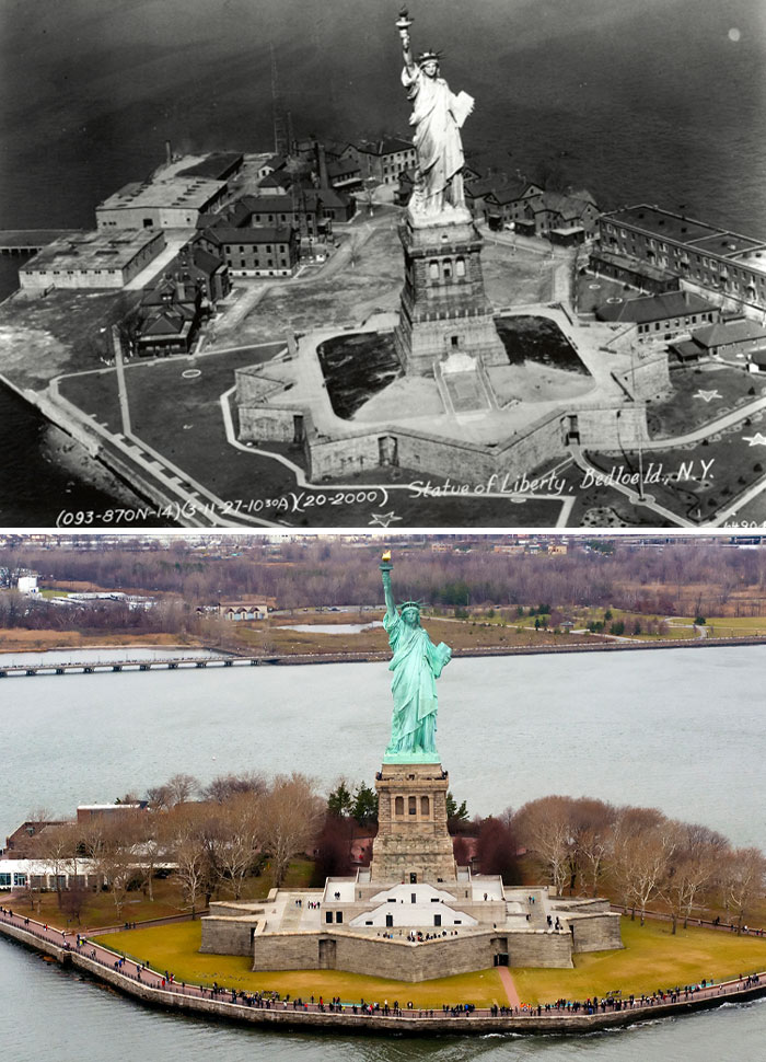 Then and now photos showing how the Statue of Liberty and surrounding areas have changed over time
