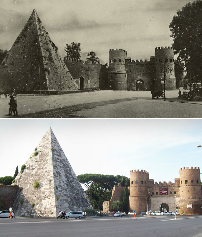 Old and modern views of Roman pyramid and city gate showing how places have changed over time in then and now photos.