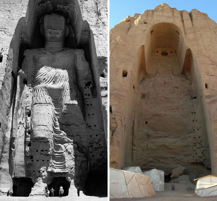 Side by side then and now photos of a carved statue site showing significant changes in the place over time.