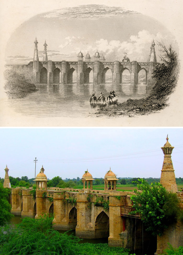 Then and now photos of a historic stone bridge showing how places have changed over time with restored architecture and greenery.